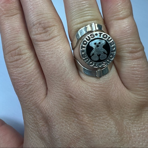 Black Mother of Pearl Teddy Bear Sterling Silver Ring Size 8 Adjustable - Picture 10 of 13